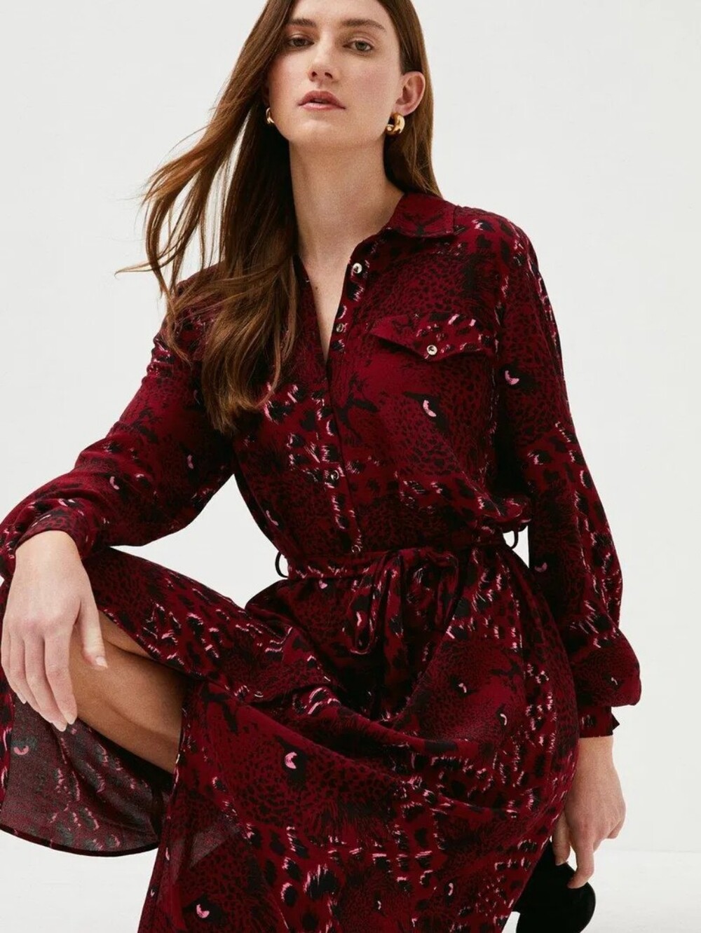 Karen Millen Leopard head woven midi shirt dress Red Burgundy Size 6 - Picture 2 of 8